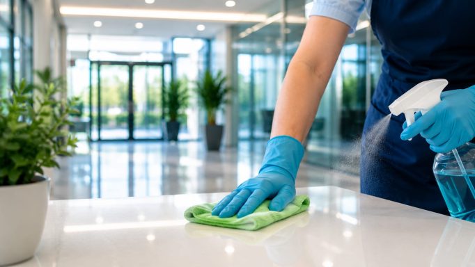 Reinigung einer Arbeitsfläche mit umweltfreundlichen Reinigungsmitteln.
